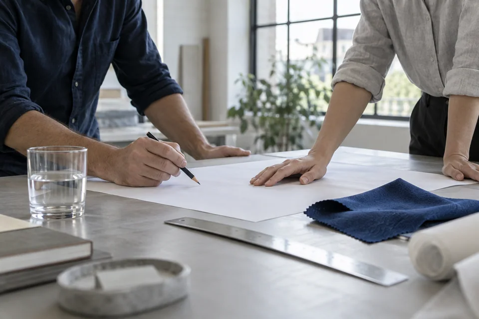 Dos personas planifican en una mesa con bocetos